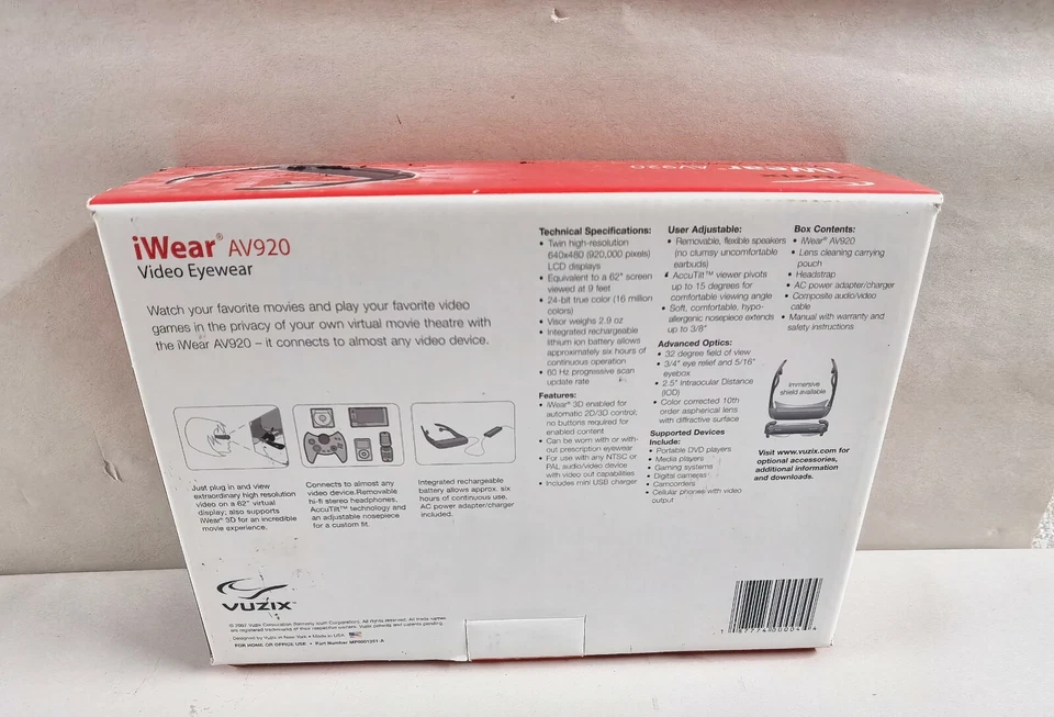Vuzix AV920 Virtual Video Eyewear Glasses 62'' - Image 2 of 4