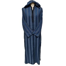 Men's Teal Blue Striped Moroccan Long Sleeve Hooded Cotton Thobe Jubba Djellaba