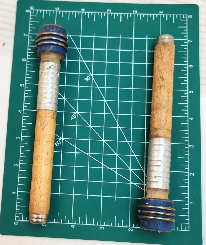 Vintage Wooden & Metal Weaving Bobbins With Blue Tips Set Of 2 Primitive country - Image 3 of 4