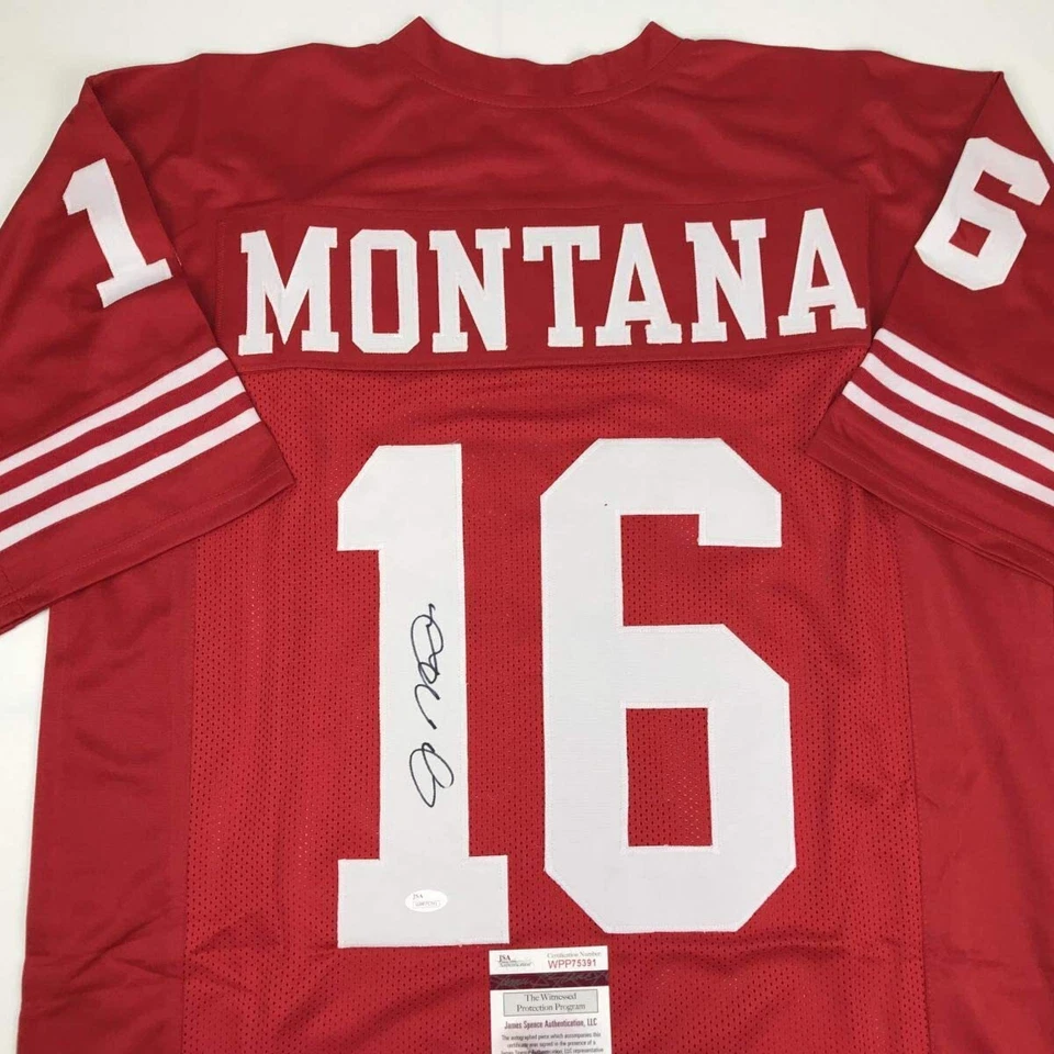 Camiseta de fútbol roja autografiada/firmada de Joe Montana de San Francisco certificado de autenticidad JSA automática Foto 2 de 4