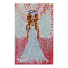 Angel Guardian with Flowers Original Painting Angel Wings Handmade Wall Art 6x4
