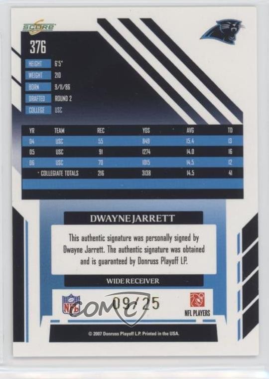 2007 Score Select Gold Zone 9/25 Dwayne Jarrett #376 Rookie Auto RC 0f6