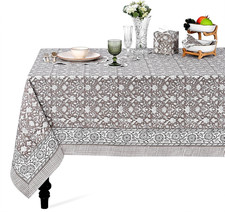 Taupe Hand Block Print 100 Cotton Rectangle Tablecloth 190 X 72 Inch Table Co