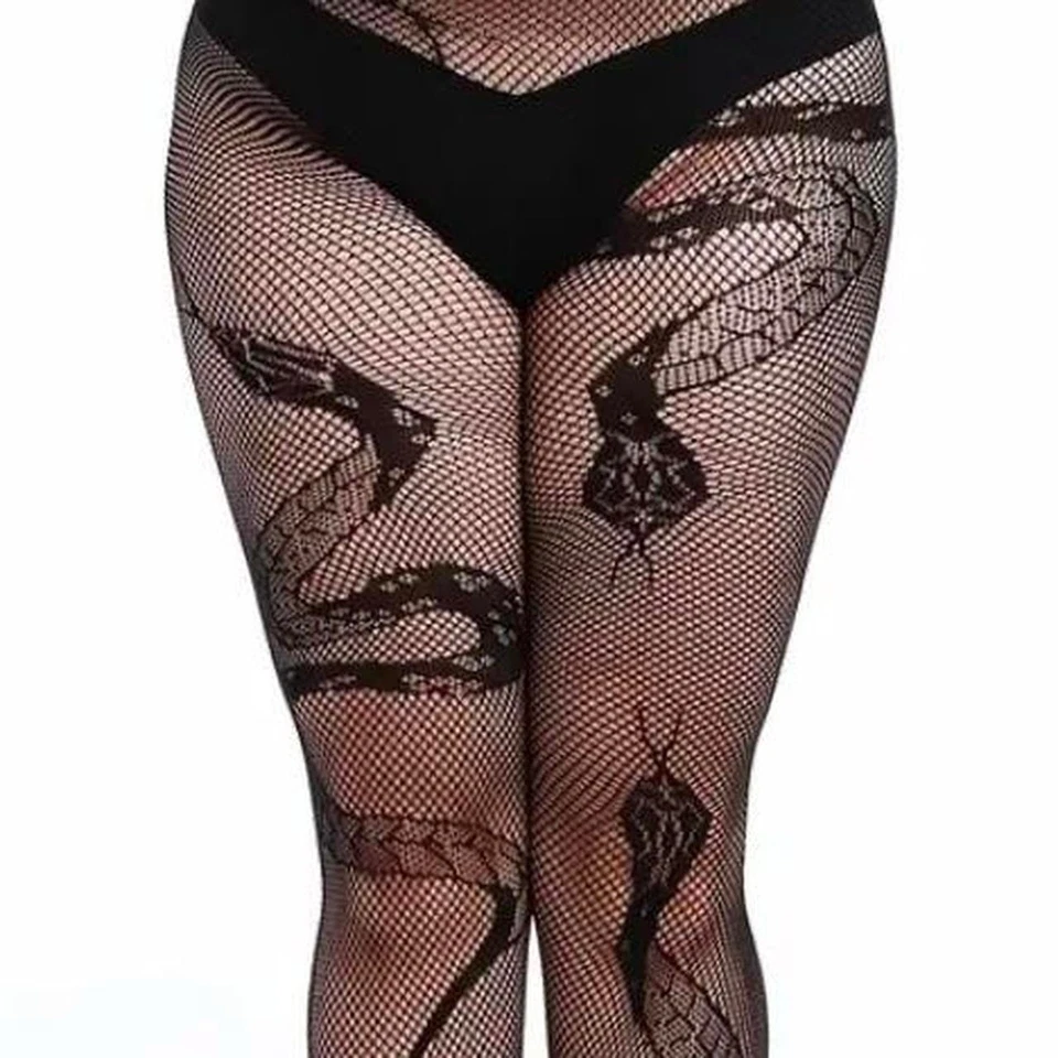 Medias de red jacquard serpiente negra talla grande gótico punk red de cintura alta Foto 2 de 4