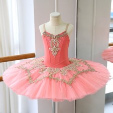 Girls Coral Pink Ballet Tutu Dress Handmade Gold Rhinestone Stage Costume