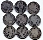 Barber Quarters, lot of 9 different coins