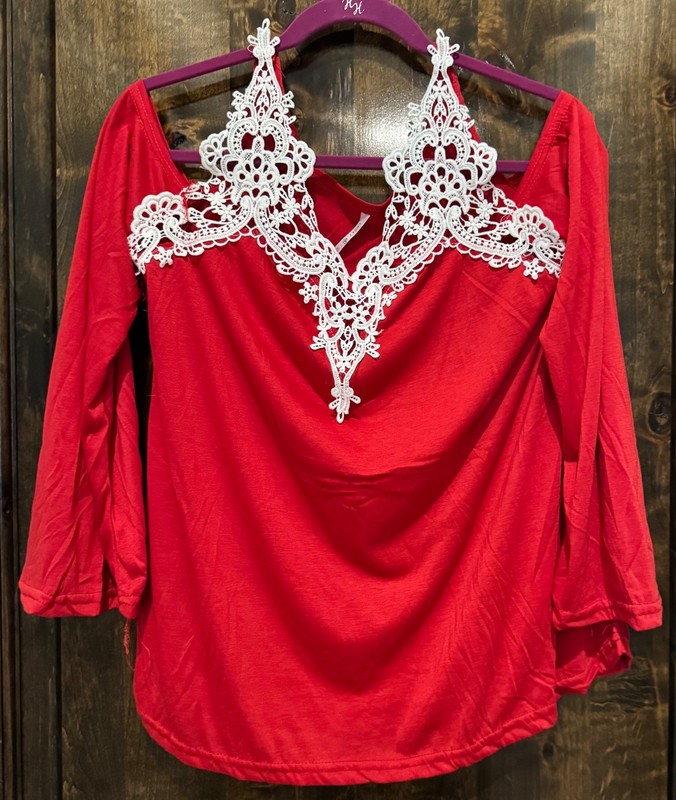Red Cold Shoulder Women's Top ML with Lace Accents NWT (#216)