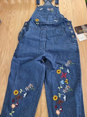 Y2K Agapo Cropped Denim Overalls Embroidered Fairycore Bugs Flowers Women s S