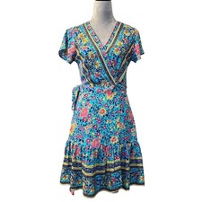 Women's XS Boho Floral V-Neck Wrap Mini Dress Blue Summer Spring Flowy