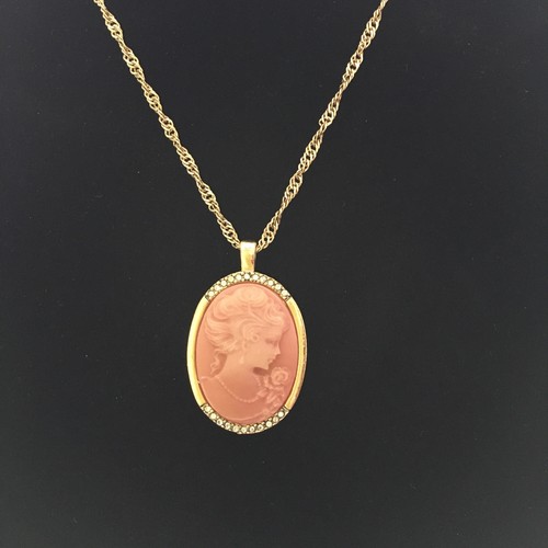 Geschnitzte Engelshaut rosa Kamee goldfarben CZ Anhänger Halskette 18" - Bild 1 von 7