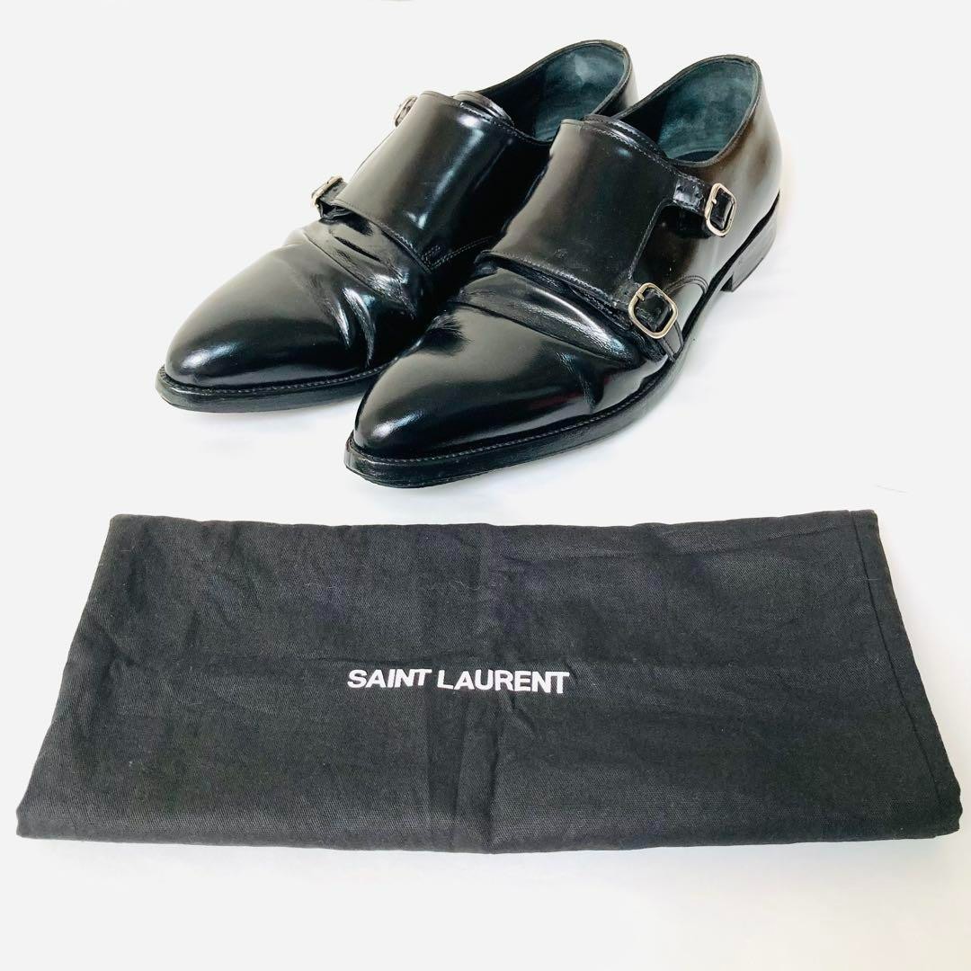 Scarpe eleganti YSL Saint Laurent doppio cinturino monaco uomo 43 US10 pelle nera
