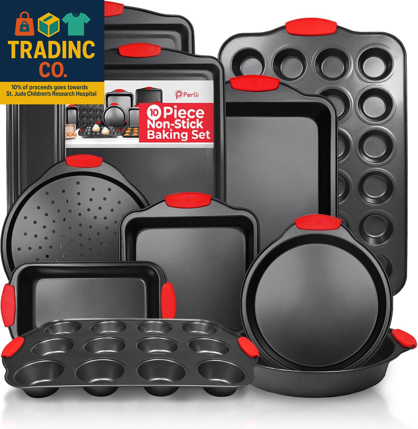 Non-Stick 10-Piece Baking Pan Set, Bpa-Free Carbon Steel Bakeware Set with Silic