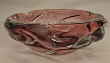 Mid-century Murano Style Art Glass Ashtray Pink-cranberry Hue Heavy Thick Glass