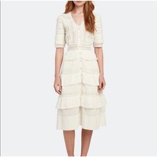 LoveShackFancy Rebecca 100% Cotton White Lace Embroidered Tiered Midi Dress
