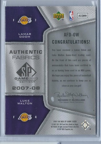 Gioco SP 2007-2008 usato basket Odom/Walton tessuti autentici Jsy Card #73/99 - Foto 2 di 2