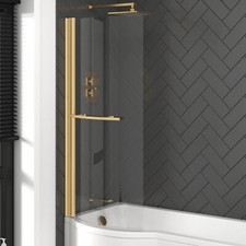 P Shaped Shower Bath Screen Black & Brushed Brass with Towel Rail - 6mm Glass