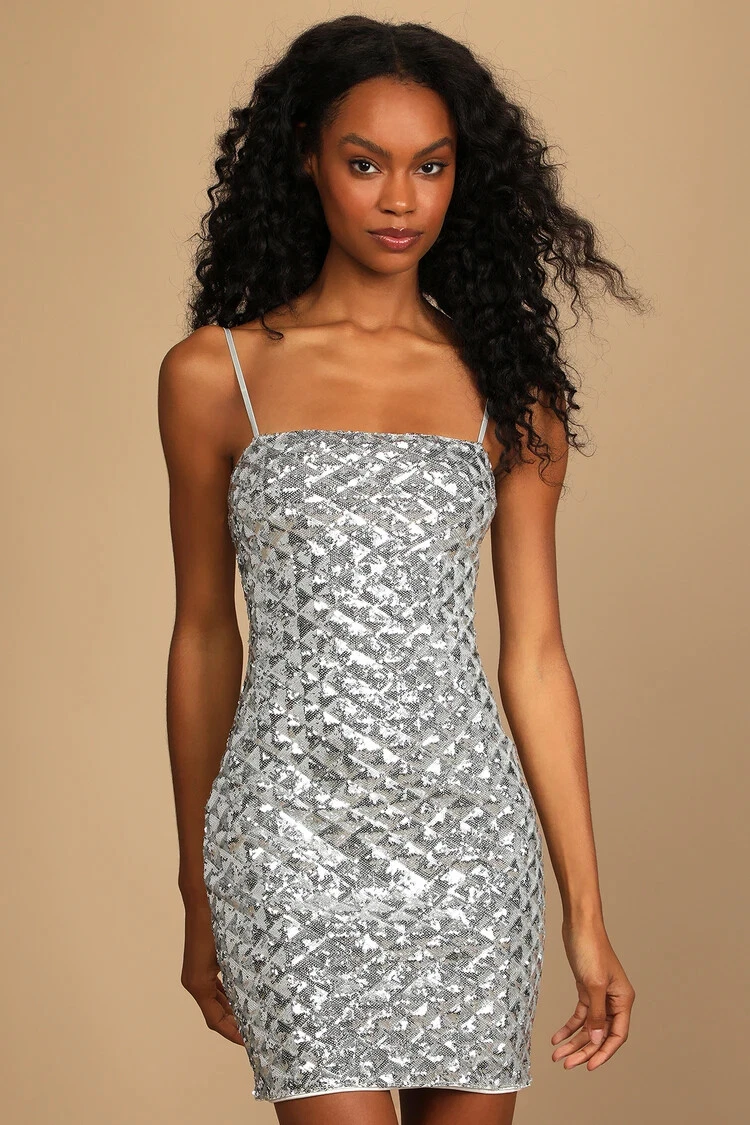 Silver Sequin Bodycon Mini Dress | Womens | X-Large (Available in XS) | 100% Polyester | Lulus | Some Stretch