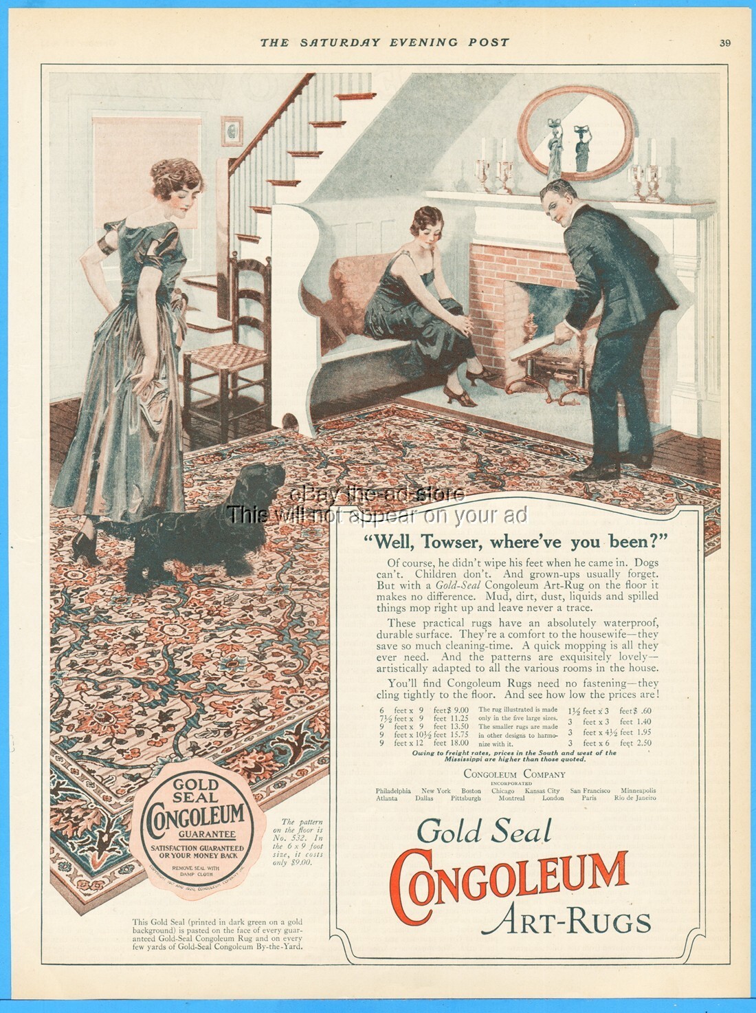 1923 Congoleum Gold Seal Art Rugs Pattern No 532 Cocker Spaniel Dog Art