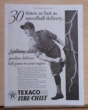 1937 magazine ad for Texaco - Gas 30 times faster than pitcher with speedball