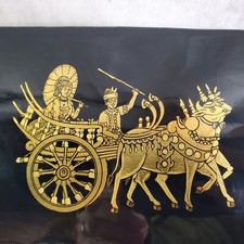 Chinese Black Laquered Gold Leaf Ox Cart Etching Picture 4.5" x 7" Folk Art