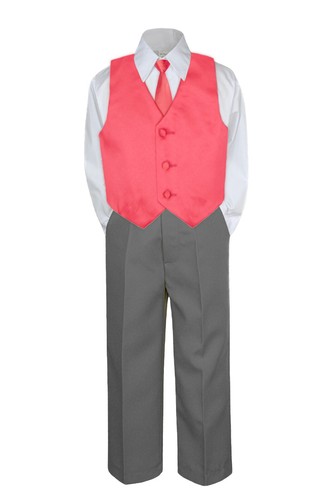 4pc Formal Dark GRAY Pants Shirt Set Satin Vest Necktie Boy Baby Toddler S-7 - Picture 20 of 25
