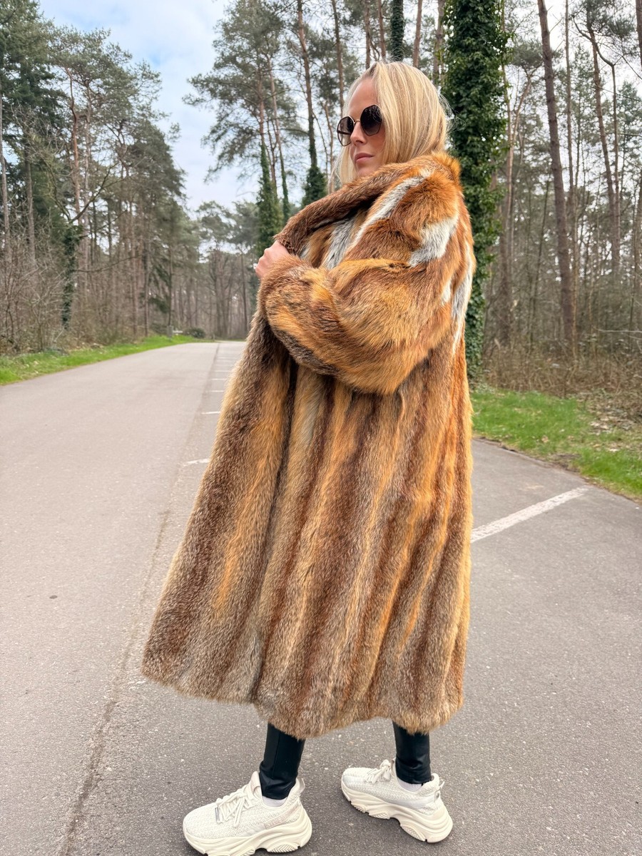 希少リアルファーコート ロング丈 フォックス FOX FUR COAT Full-Length Red Fox Fur Coat with Perfect Lining, L/XL Size