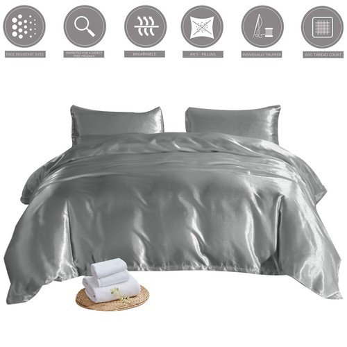 4 Piece Gray Satin Silky Sheets Fitted Flat Sheet Pillow Case Queen/King Size - Bild 7 von 16