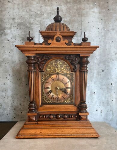 Large Antique Carved Brass Face Bracket Clock By HAC German Maker - Superb - Picture 1 of 7