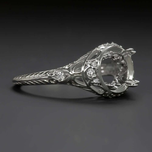 DIAMOND 7.5mm ROUND ENGAGEMENT RING SETTING VINTAGE STYLE FILIGREE WHITE GOLD - Picture 2 of 4