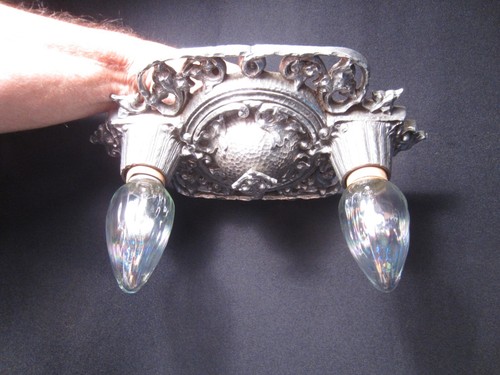 antique 1920s ART DECO FLUSH MOUNT LIGHT FIXTURE by RIDDLE in NICKEL... Restored - Picture 3 of 24