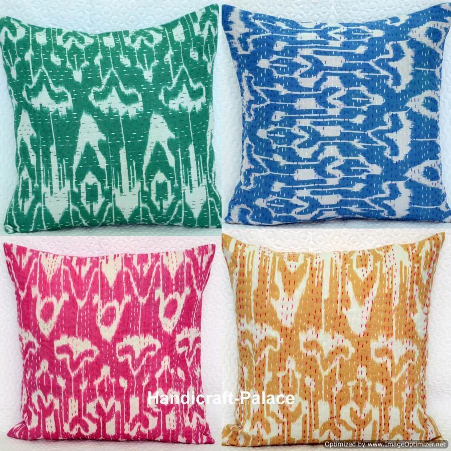 16'' INDIEN CUSHION COVER PILLOW CASE KANTHA WORK IKAT PRINT ETHNIC THROW DECOR