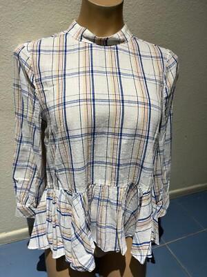 Anthropologie MAEVE Sava Swing Peplum Plaid 3/4 Sleeve Blouse Top - Women's Sz 0