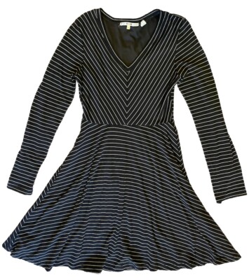 Threads 4 Thought Black Silver Striped V-Neck Dress Size Small Long Sleeves