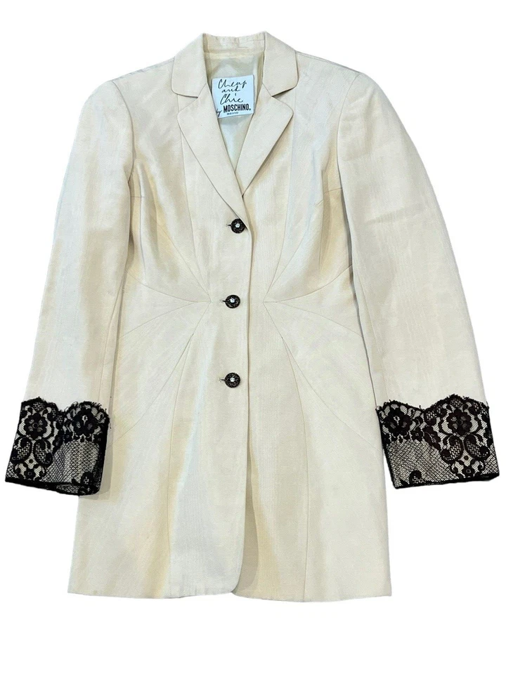 VINTAGE MOSCHINO CHEAP & CHIC IVORY 3 BUTTON LONG BLAZER JACKET LACE CUFF 2/4 - Image 3 of 4