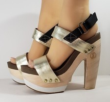 FLOGG Platform Sandals Clogs Heels, Size 8, Light Gold Leather NICE