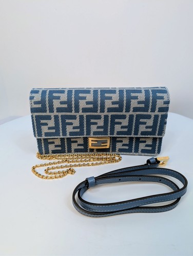 Fendi Blue and White Woven Denim-Effect FF Jacquard Baguette Wallet on Chain WOC