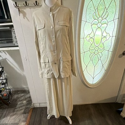 Susan Graver Style 2-Piece Beige Woven Jacket & Skirt Set M Button Pockets