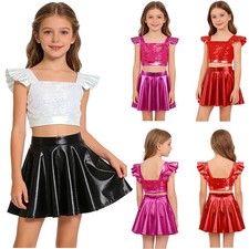 Kids Girls Dance Set Competition 2-Piece Costume Party Flared Ruffle Shiny Jazz