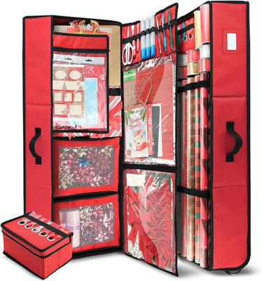 Wrapping Paper Storage Container with Ribbon Dispenser and Interior Pockets - La