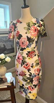 CALVIN KLEIN Dress Bold Floral Sheath Tapered Bodice Short Sleeves White Sz 4