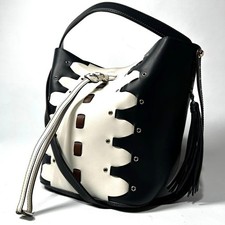 FURLA Vittoria Leather 2-Way Shoulder Bag Black White Gold Hardware Authentic