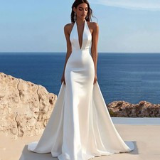 Elegant Customized Boho Wedding Dress Sheath V-Neck Halter Backless Vestido