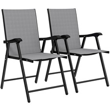 Outsunny Folding Garden Chairs Set of 2 with High Back, Armrests, Light Grey