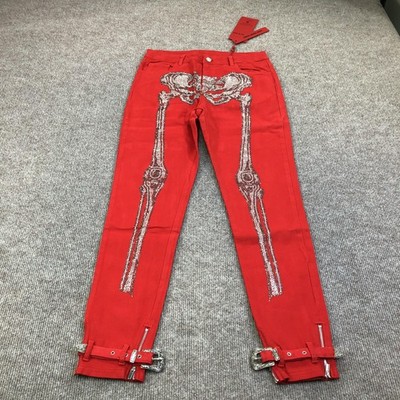 New Guapi Dead Or Alive Jeans Mens 30x32 Red Skinny Rhinestone Denim Pants