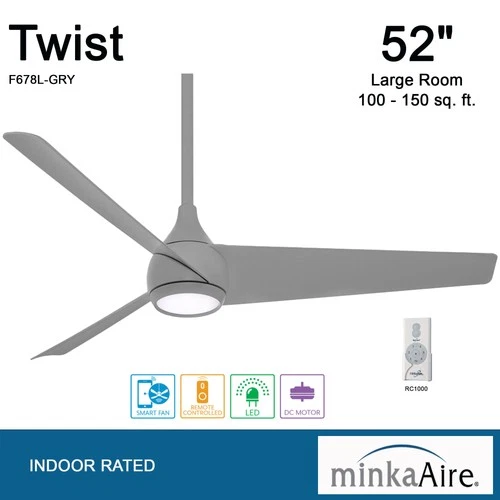 Minka Aire Twist 52" Ceiling Fan - Grey 3-Blade Remote Control - Picture 4 of 5