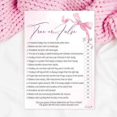 Baby Shower Spiel wahr oder falsch - rosa Schleife Motiv, Mädchen, Band, Quiz, 10-40 Spieler