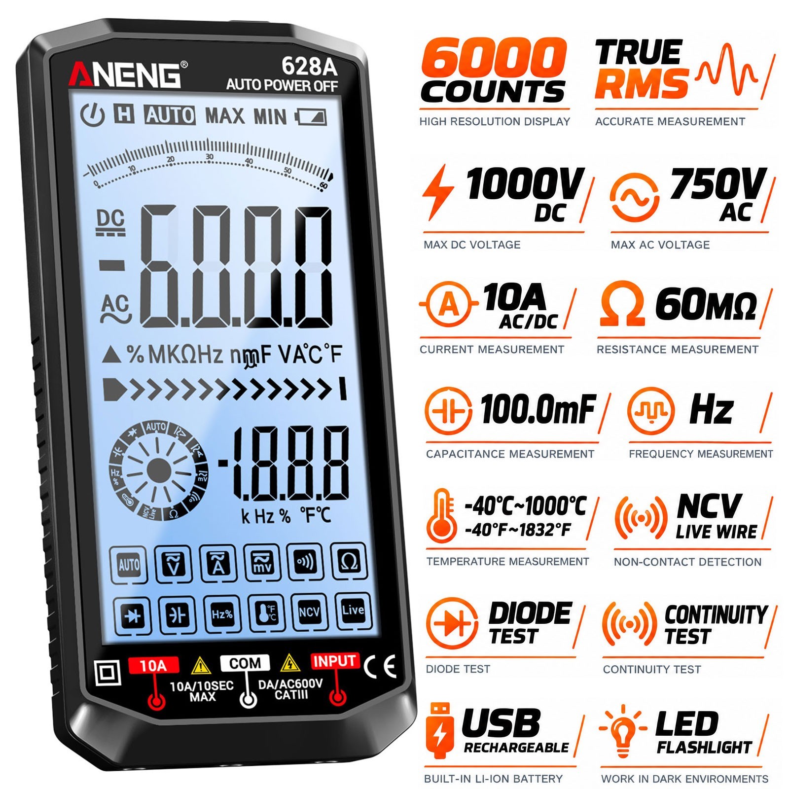 ANENG 628A True RMS Digital Multimeter 6000 Counts 1000V 10A 100mF NCV Tester