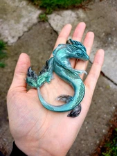 Silver and Green Dragon / Mystical Dragon / Silver Dragon Figurine / Silver Dic