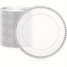25PCS Clear Plastic Charger Plates with Silver Ruffled Rim Reusable Table Decor