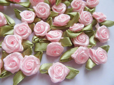 Pack of 100 Pcs Pink Satin Ribbon Rose W/Leaf Wedding Bride Appliques/Craft